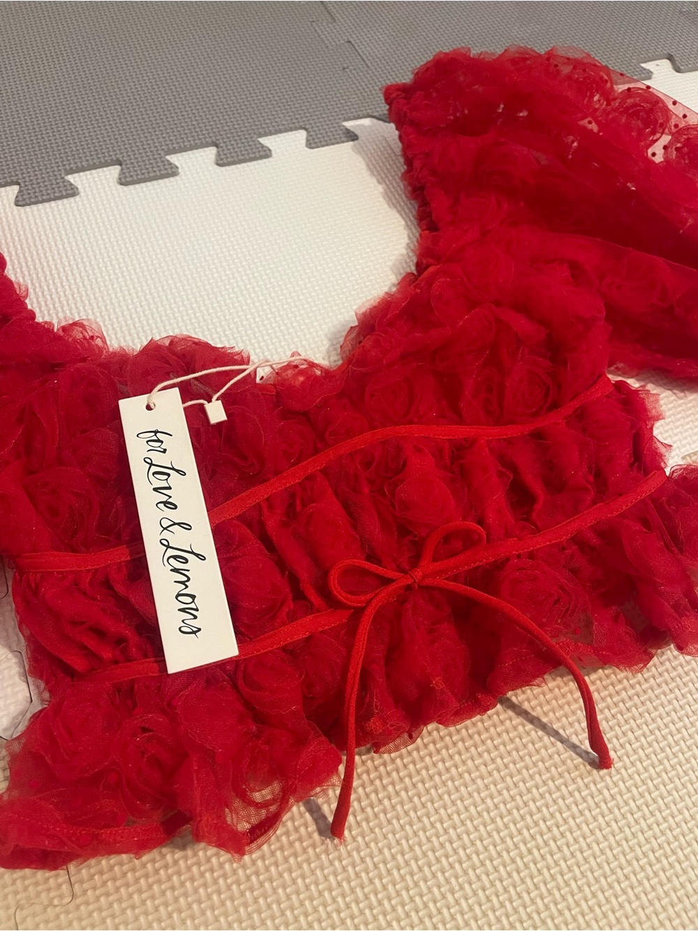 NWT For Love And Lemons red rosette mesh crop top, size XS
